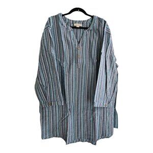 KS Island Size Big 3XL Aqua Gray White Striped Textured Shirt Cotton 3/4 Sleeve